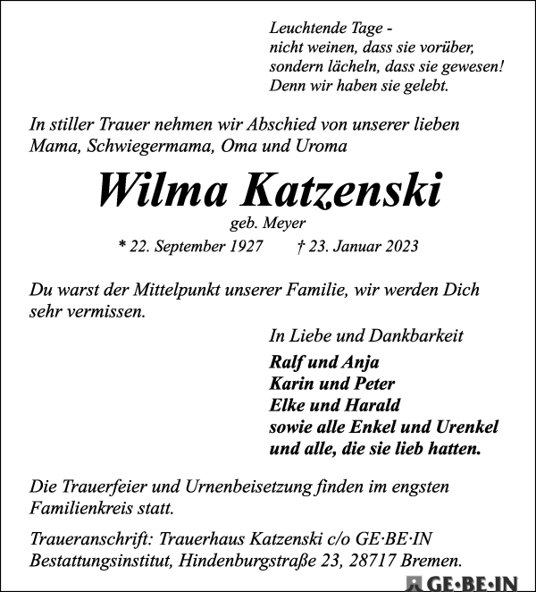 Traueranzeige von Wilma Katzenski von Die Norddeutsche