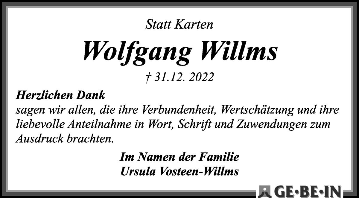 Traueranzeige von Wolfgang Willms von WESER-KURIER