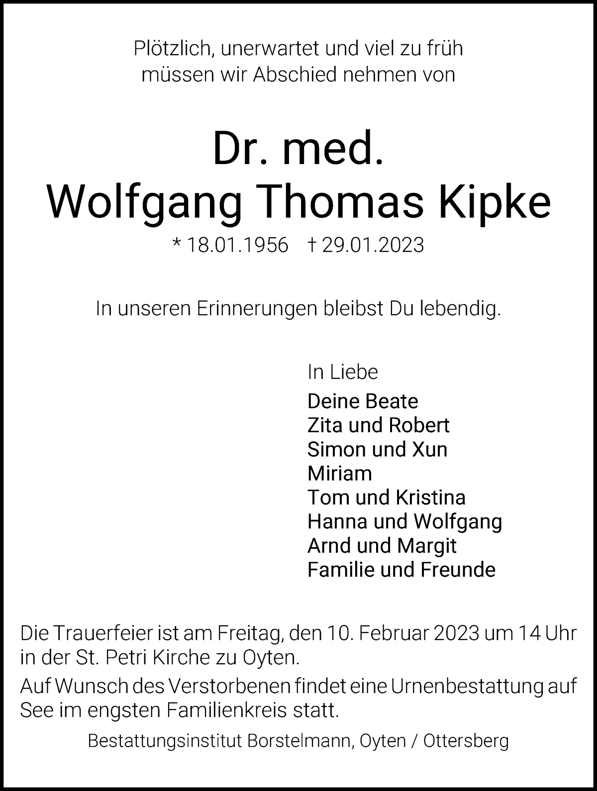  Traueranzeige für Wolfgang Thomas Kipke vom 04.02.2023 aus WESER-KURIER