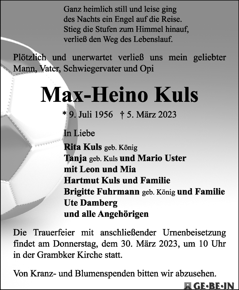  Traueranzeige für Max-Heino Kuls vom 18.03.2023 aus WESER-KURIER