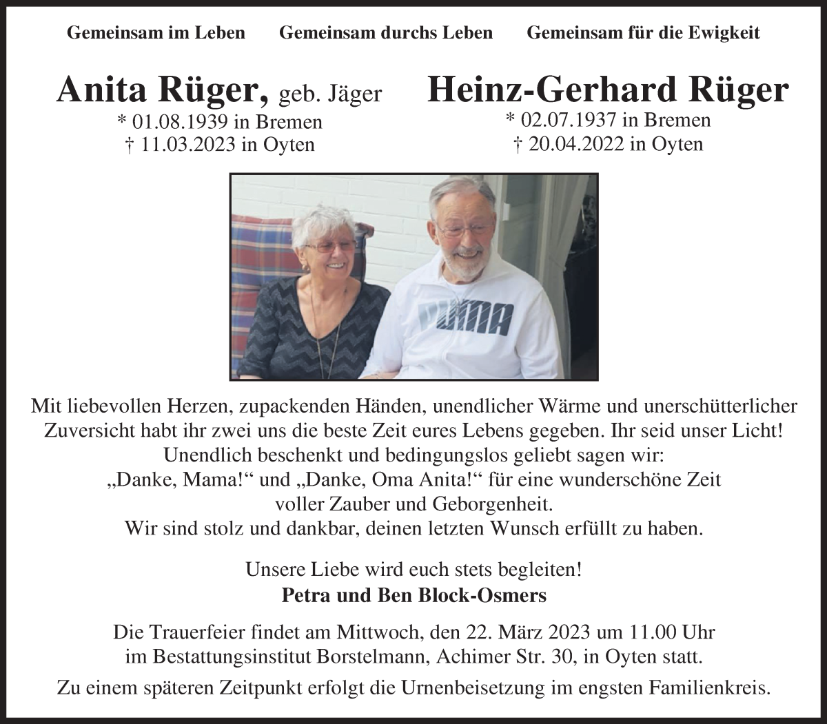 Traueranzeige von Anita und Heinz-Gerhard Rüger von Achimer Kurier/Verdener Nachrichten