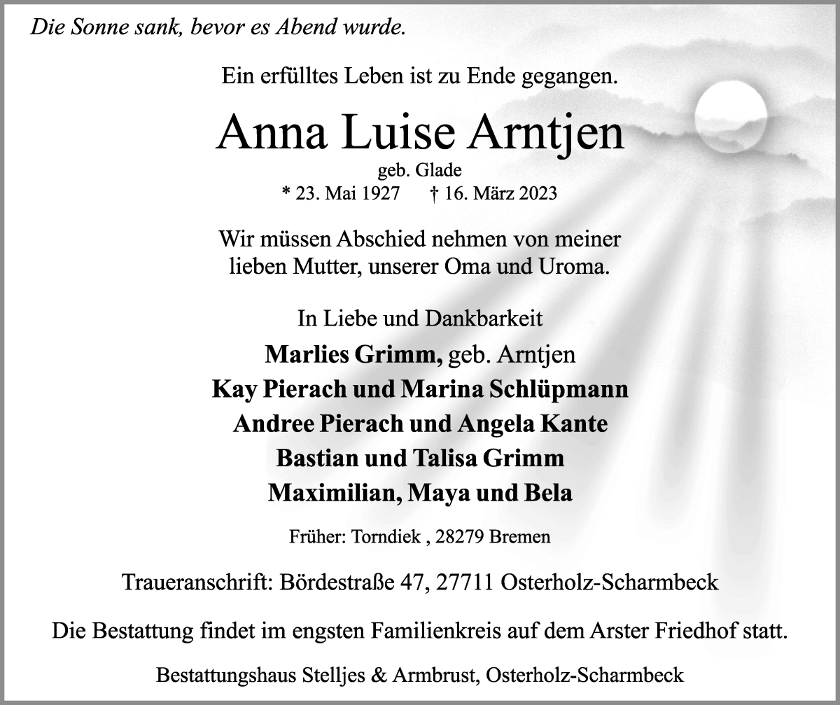 Traueranzeige von Anna Luise Arntjen von WESER-KURIER