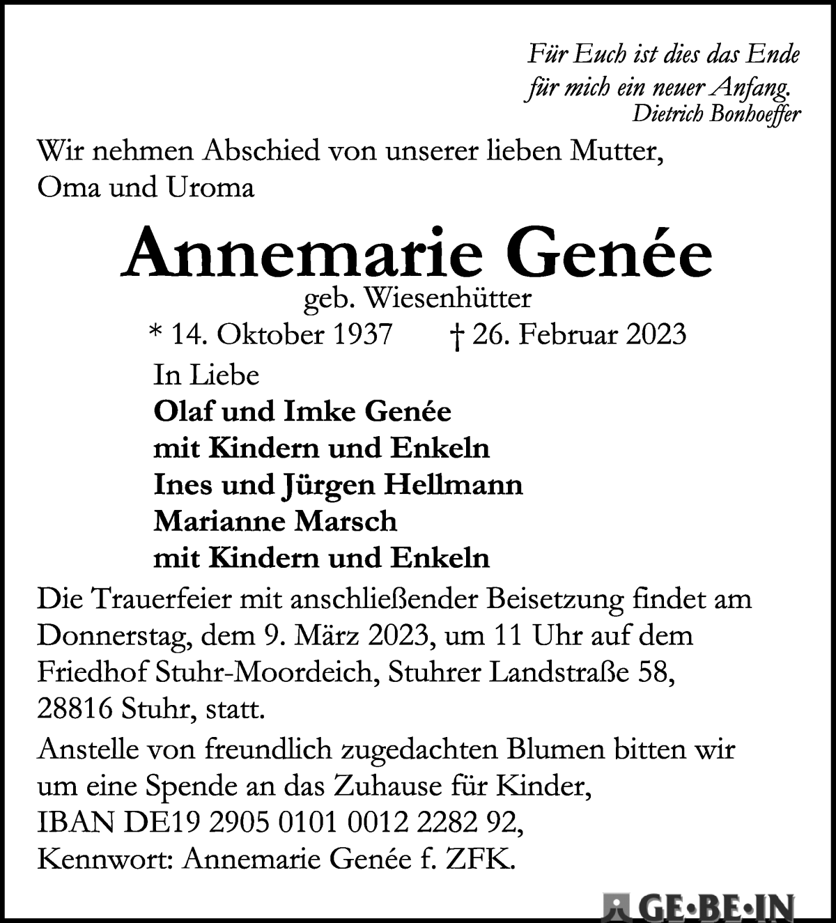 Traueranzeige von Annemarie Genée von WESER-KURIER