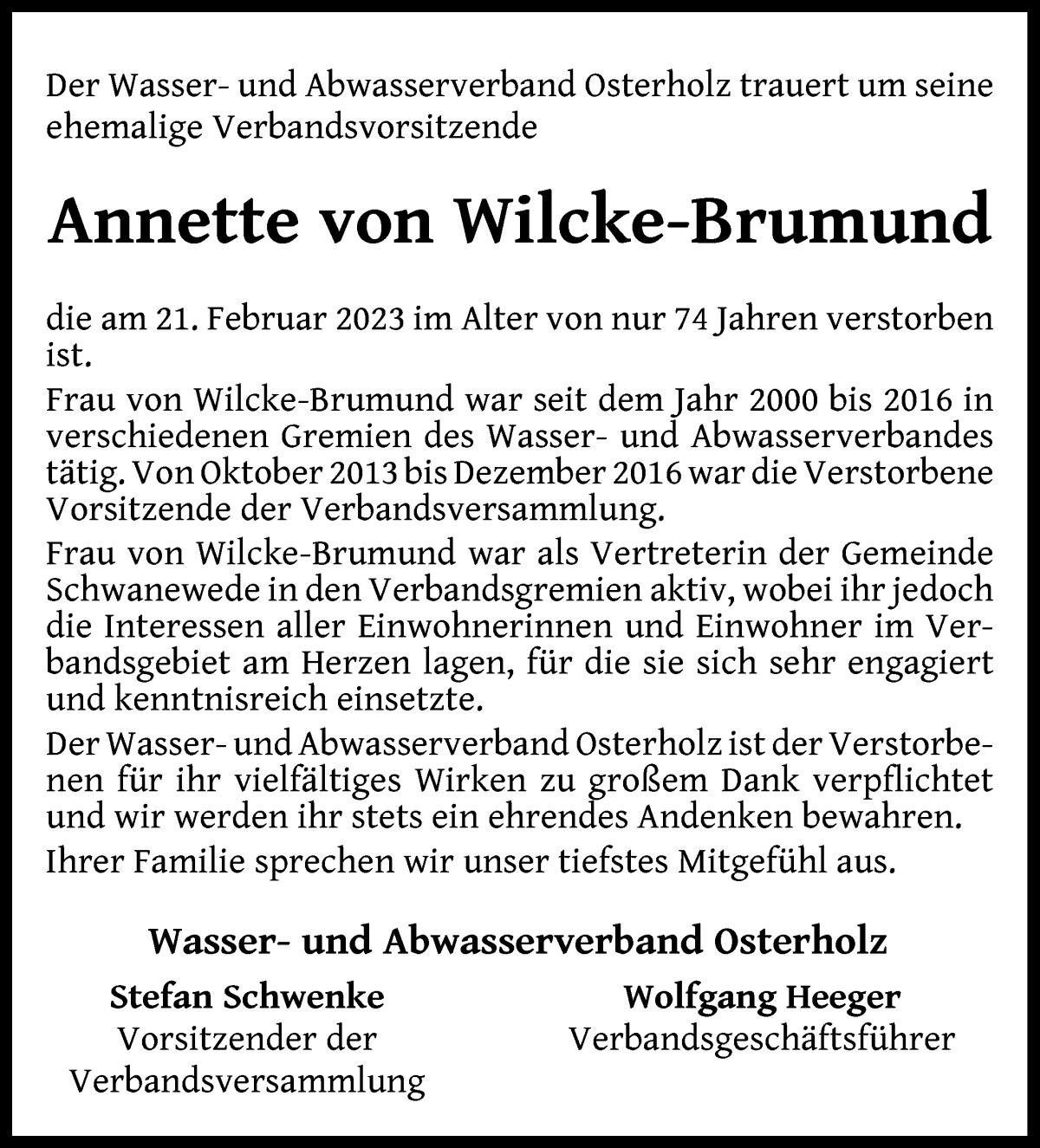 Traueranzeige von Annette von Wilcke-Brumund von Die Norddeutsche