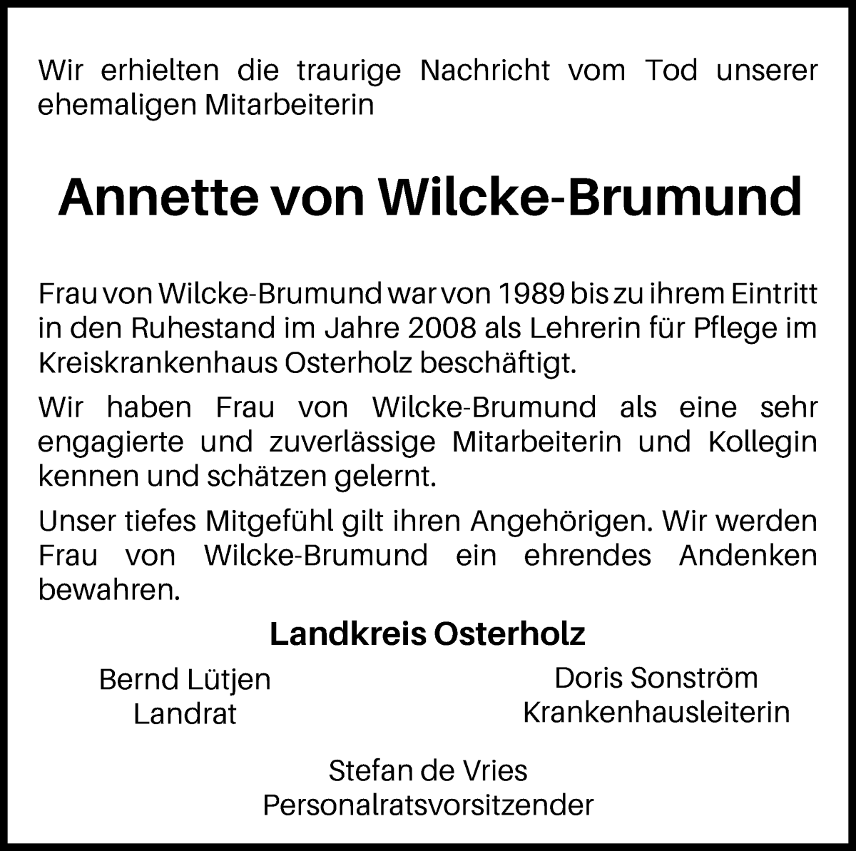 Traueranzeige von Annette von Wilcke-Brumund von Osterholzer Kreisblatt