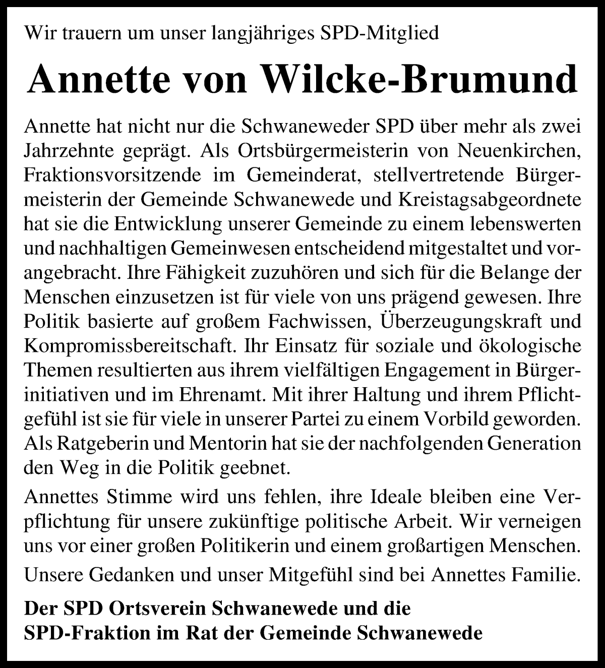 Traueranzeige von Annette von Wilcke-Brumund von Die Norddeutsche