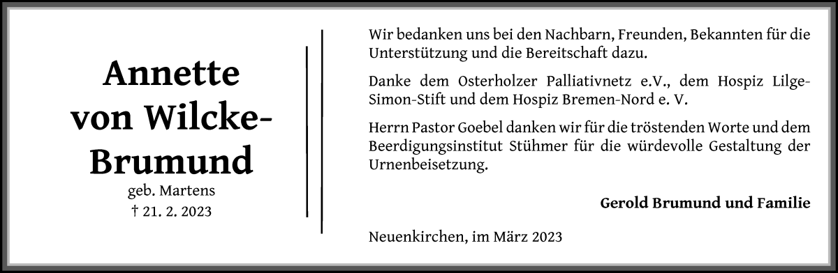 Traueranzeige von Annette von Wilcke-Brumund von Die Norddeutsche