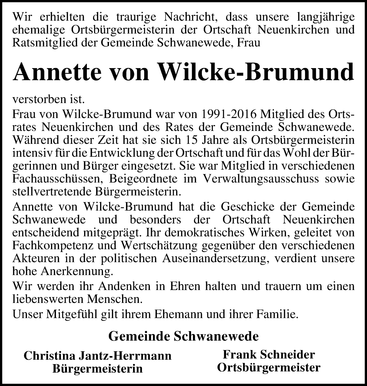  Traueranzeige für Annette von Wilcke-Brumund vom 01.03.2023 aus Die Norddeutsche