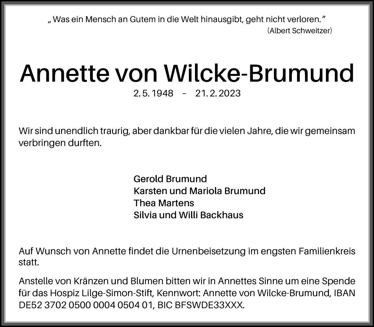 Traueranzeige von Annette von Wilcke-Brumund von Die Norddeutsche