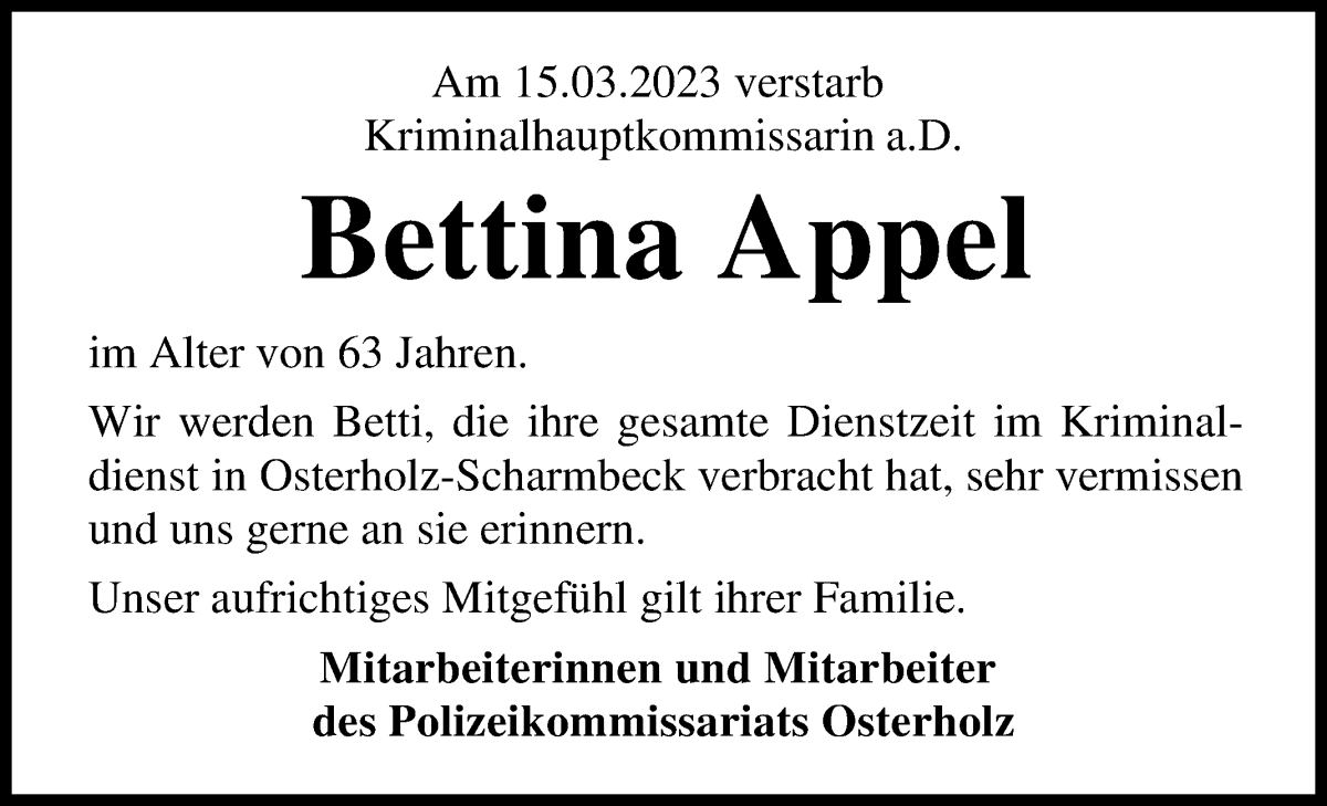Traueranzeige von Bettina Appel von Osterholzer Kreisblatt
