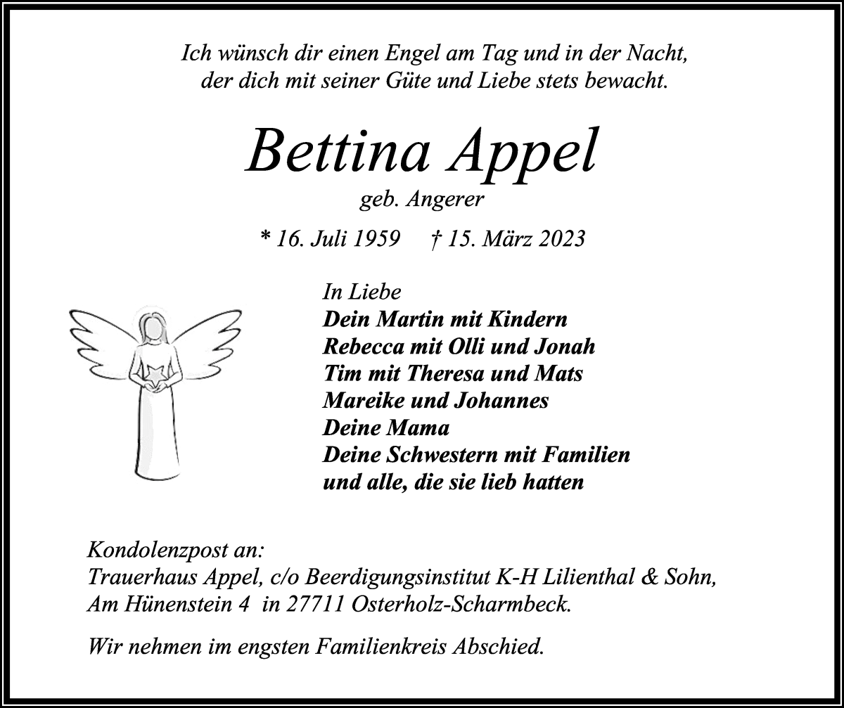  Traueranzeige für Bettina Appel vom 18.03.2023 aus Osterholzer Kreisblatt