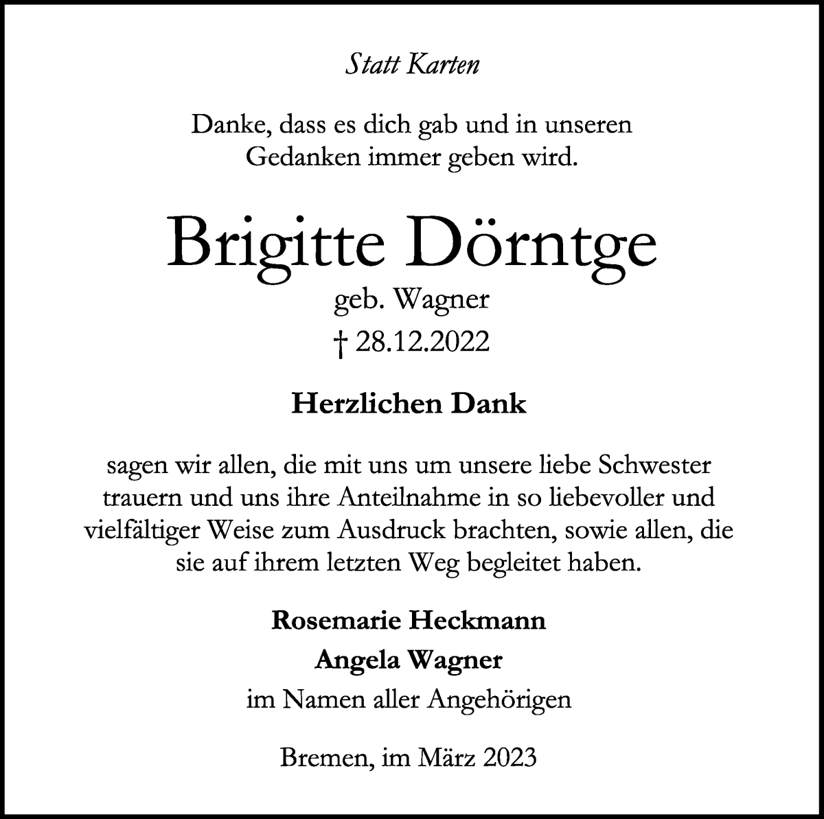  Traueranzeige für Brigitte Dörntge vom 11.03.2023 aus WESER-KURIER