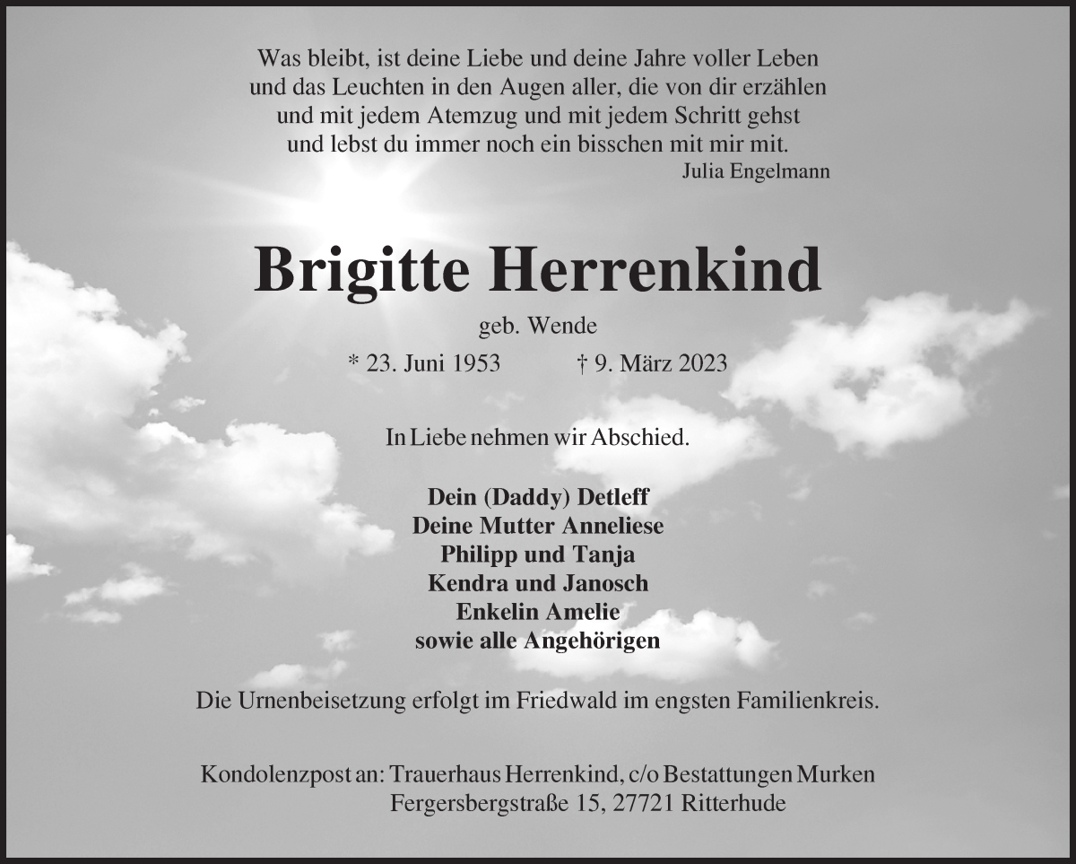 Traueranzeige von Brigitte Herrenkind von Osterholzer Kreisblatt