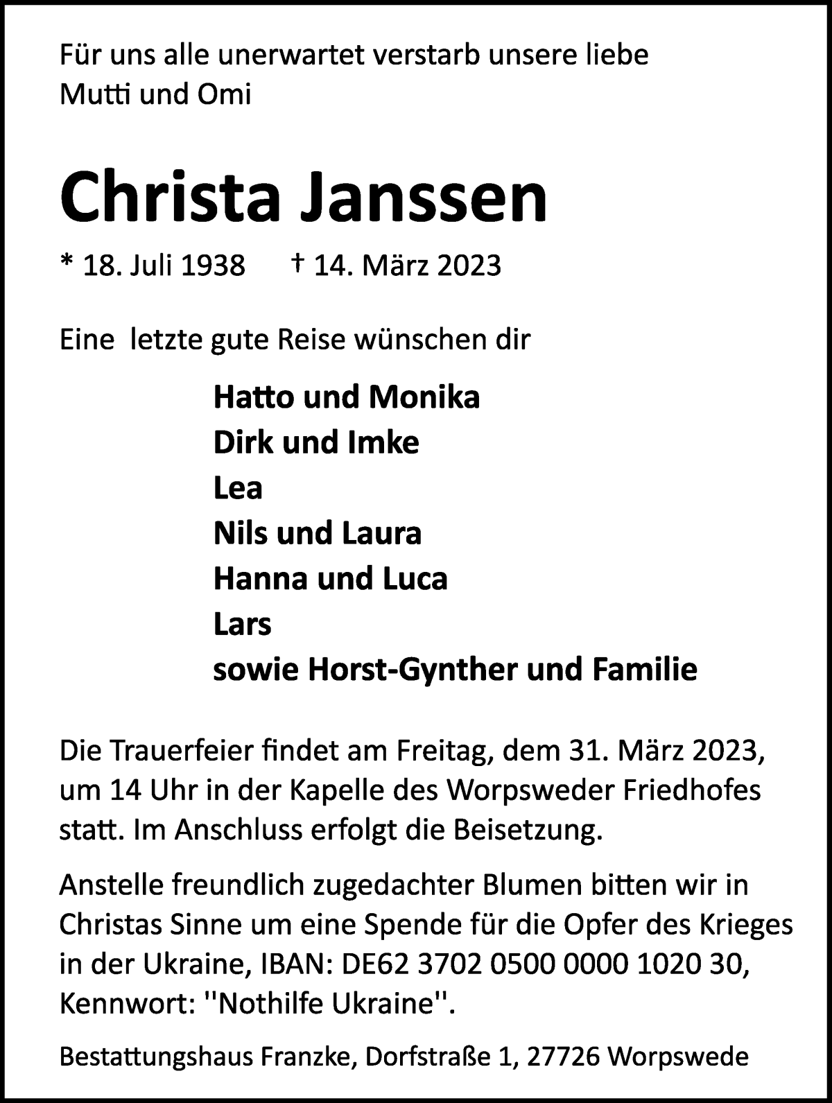 Traueranzeige von Christa Janssen von Wuemme Zeitung