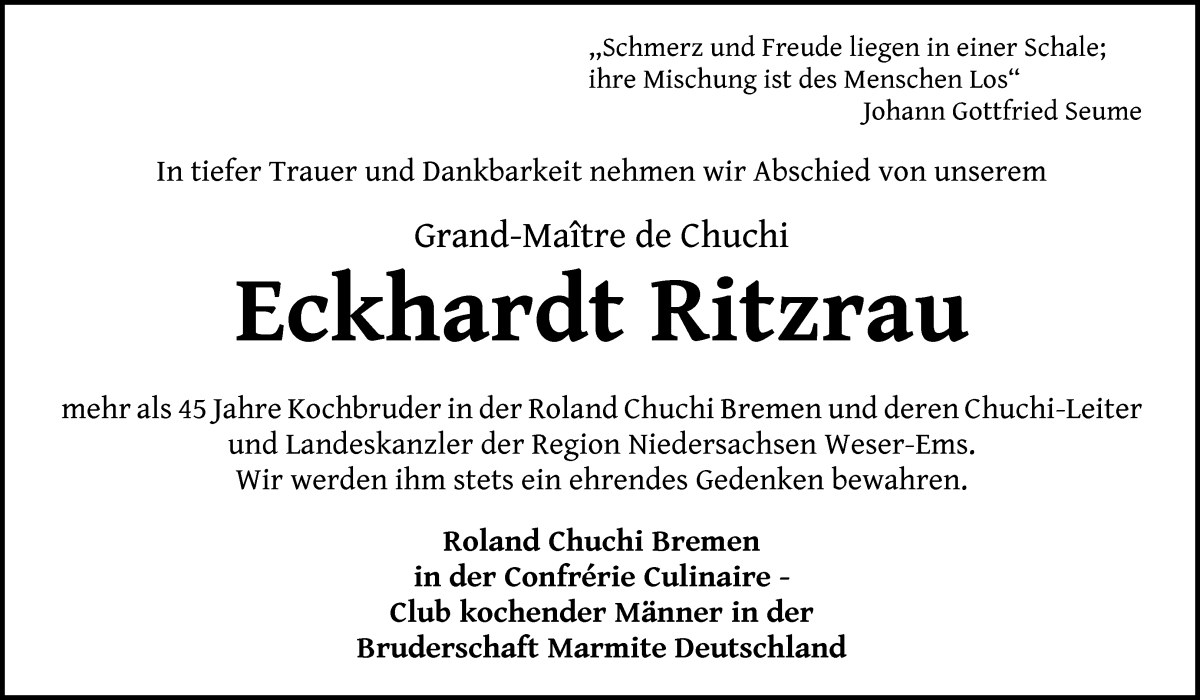 Traueranzeige von Eckhardt Ritzrau von WESER-KURIER