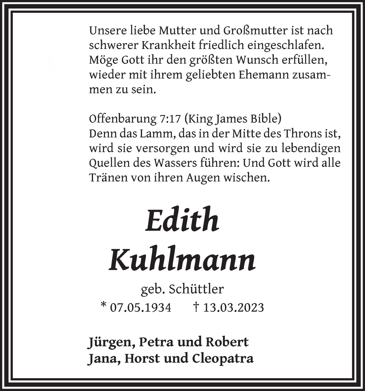  Traueranzeige für Edith Kuhlmann vom 16.03.2023 aus WESER-KURIER
