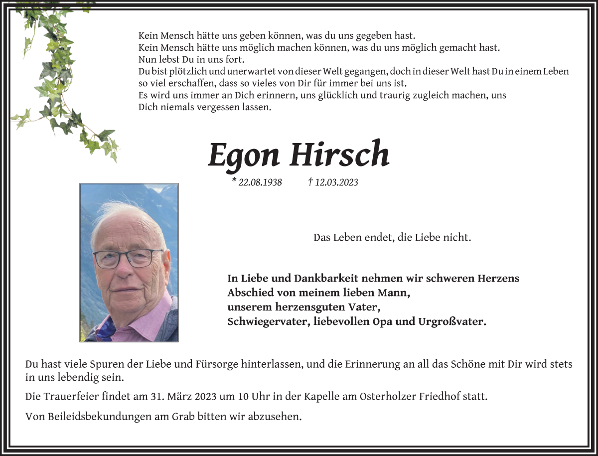  Traueranzeige für Egon Hirsch vom 25.03.2023 aus WESER-KURIER