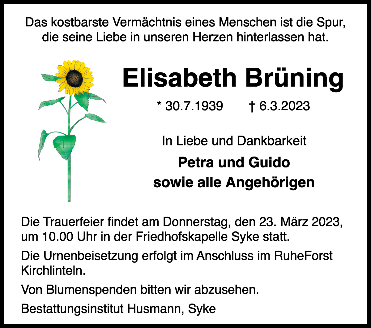 Traueranzeige von Elisabeth Brüning von WESER-KURIER