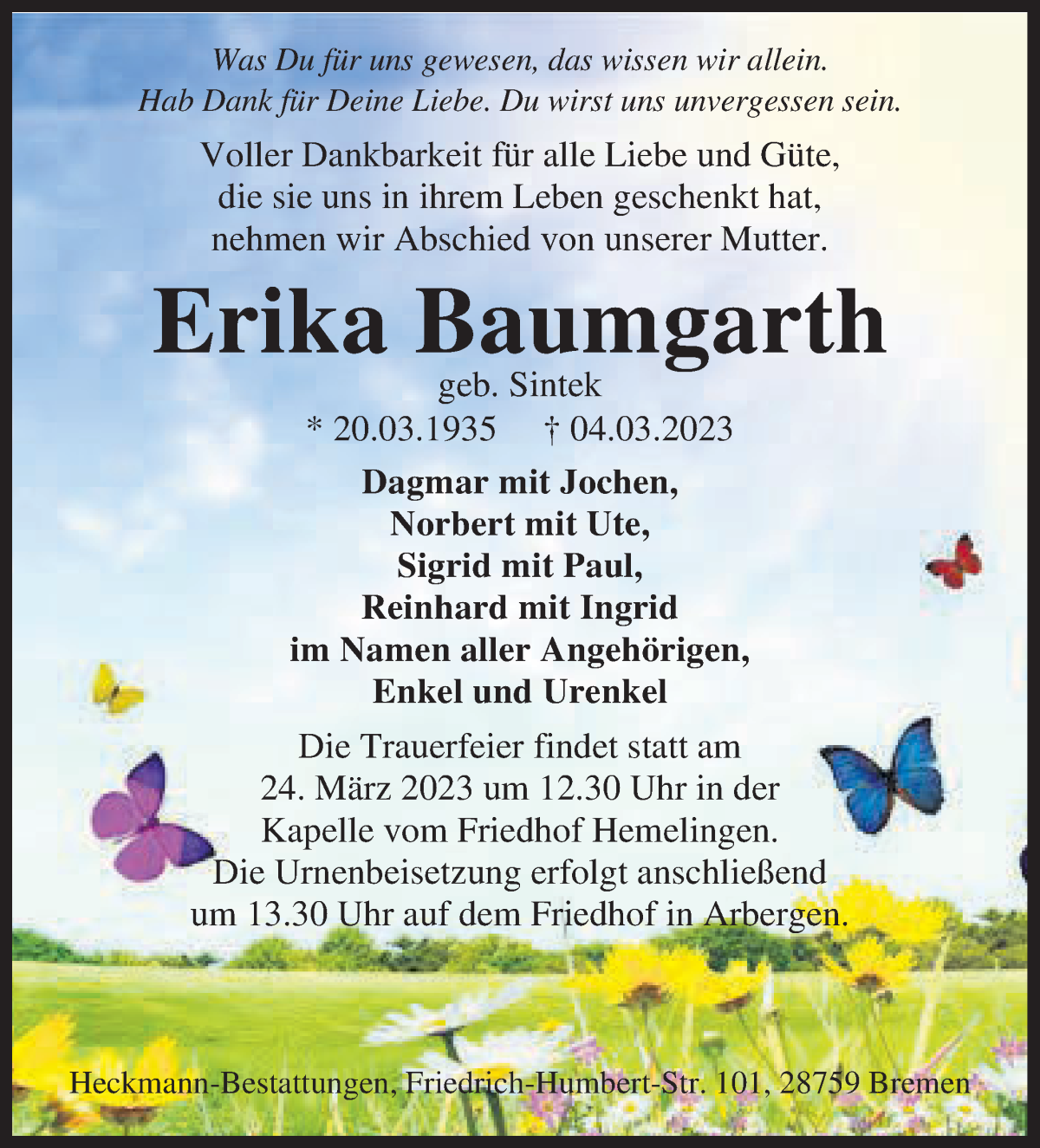  Traueranzeige für Erika Baumgarth vom 18.03.2023 aus WESER-KURIER