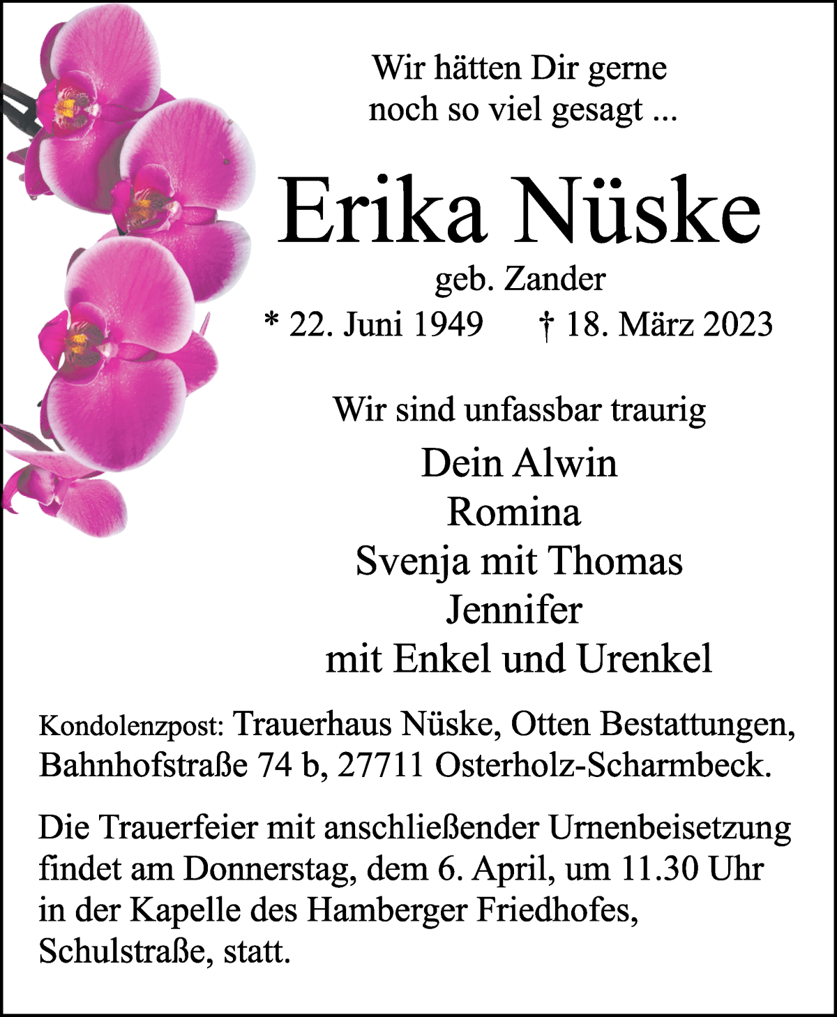  Traueranzeige für Erika Nüske vom 25.03.2023 aus Osterholzer Kreisblatt
