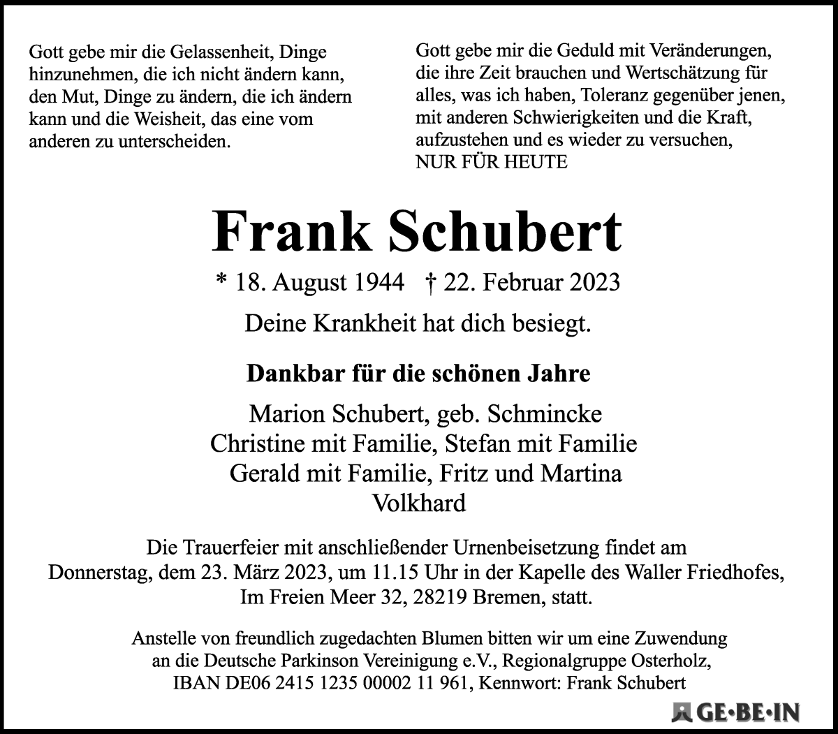 Traueranzeige von Frank Schubert von WESER-KURIER