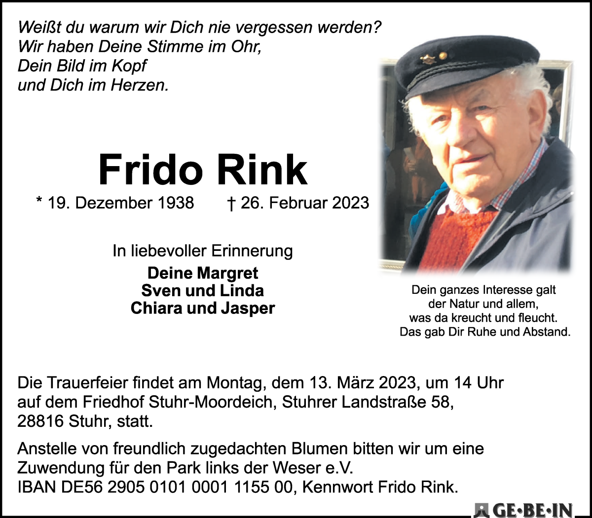 Traueranzeige von Frido Rink von WESER-KURIER