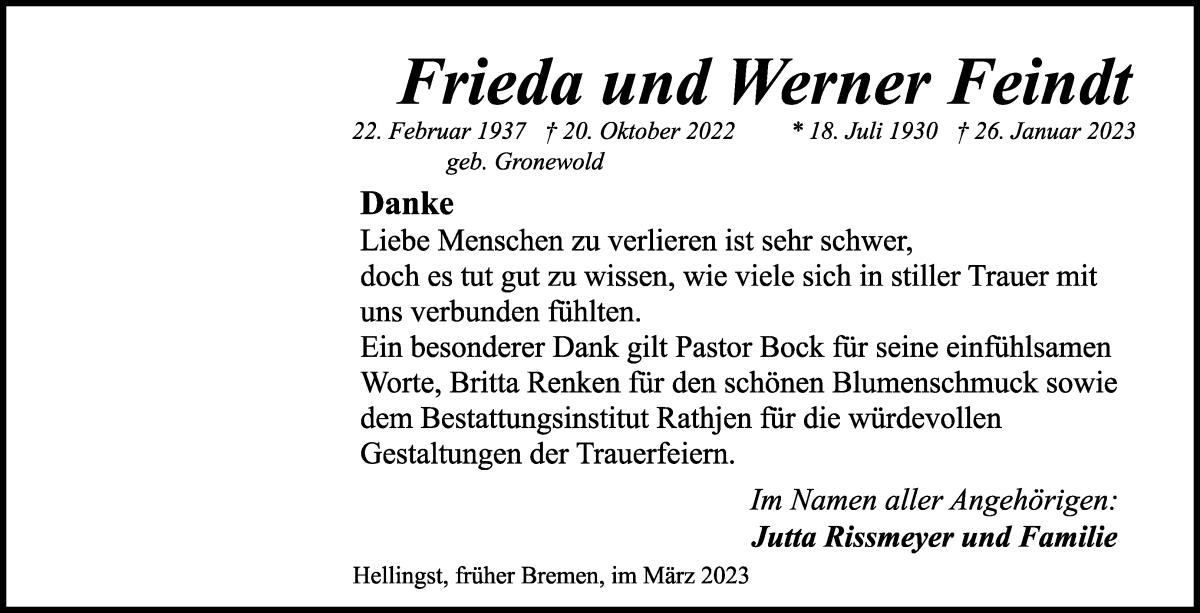 Traueranzeige von Frieda und Werner Feindt von WESER-KURIER