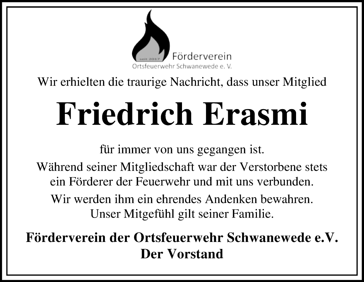Traueranzeige von Friedrich Erasmi von Die Norddeutsche