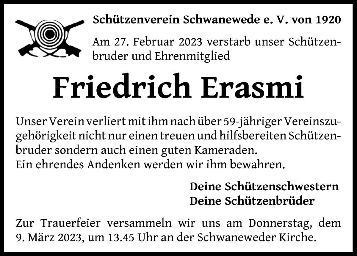 Traueranzeige von Friedrich Erasmi von Die Norddeutsche