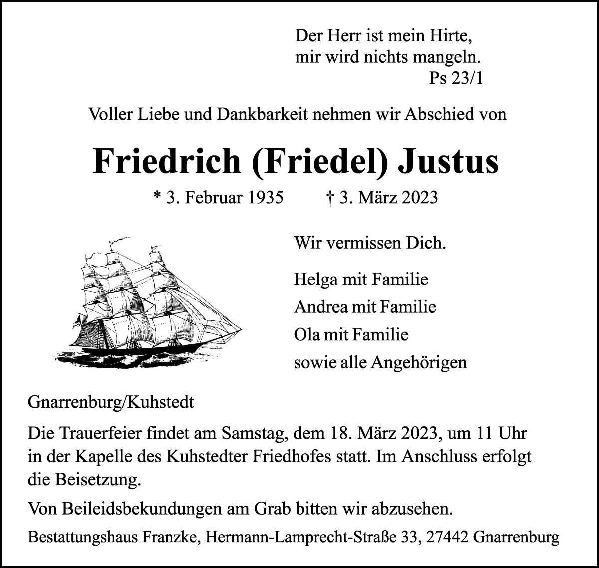 Traueranzeige von Friedrich Justus von Wuemme Zeitung