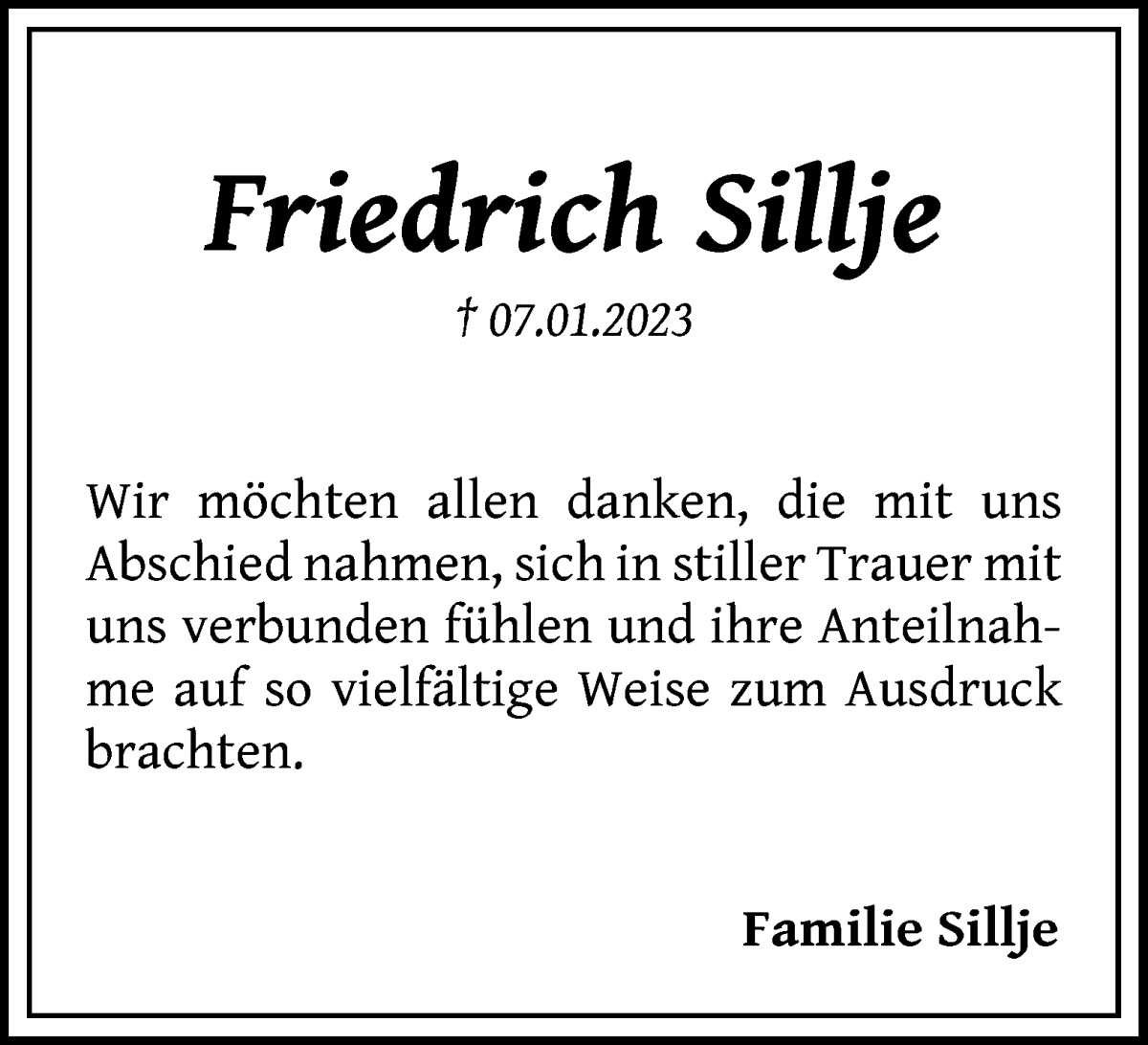 Traueranzeige von Friedrich Sillje von Die Norddeutsche