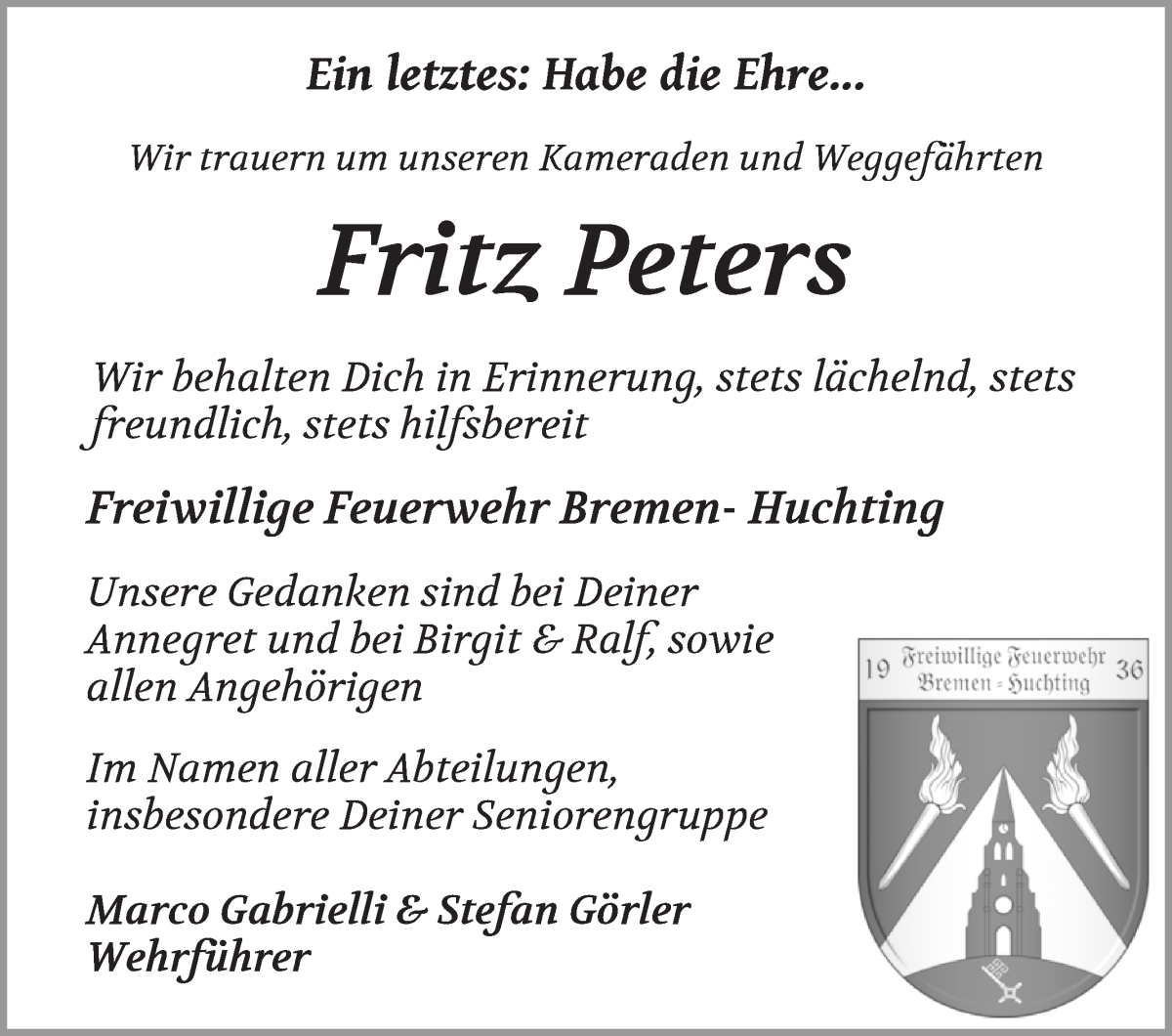 Traueranzeige von Fritz Peters von WESER-KURIER