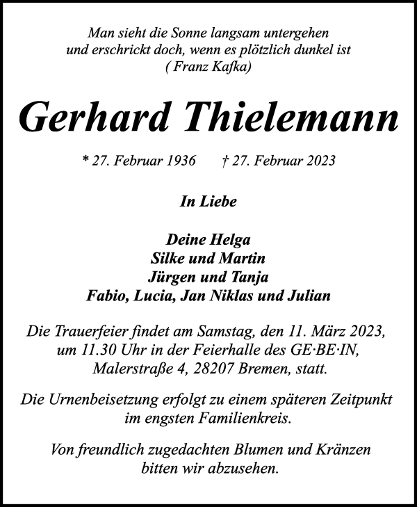 Traueranzeige von Gerhard Thielemann von WESER-KURIER