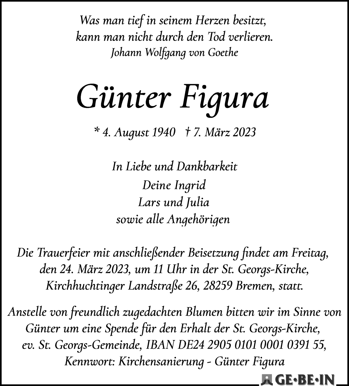 Traueranzeige von Günter Figura von WESER-KURIER