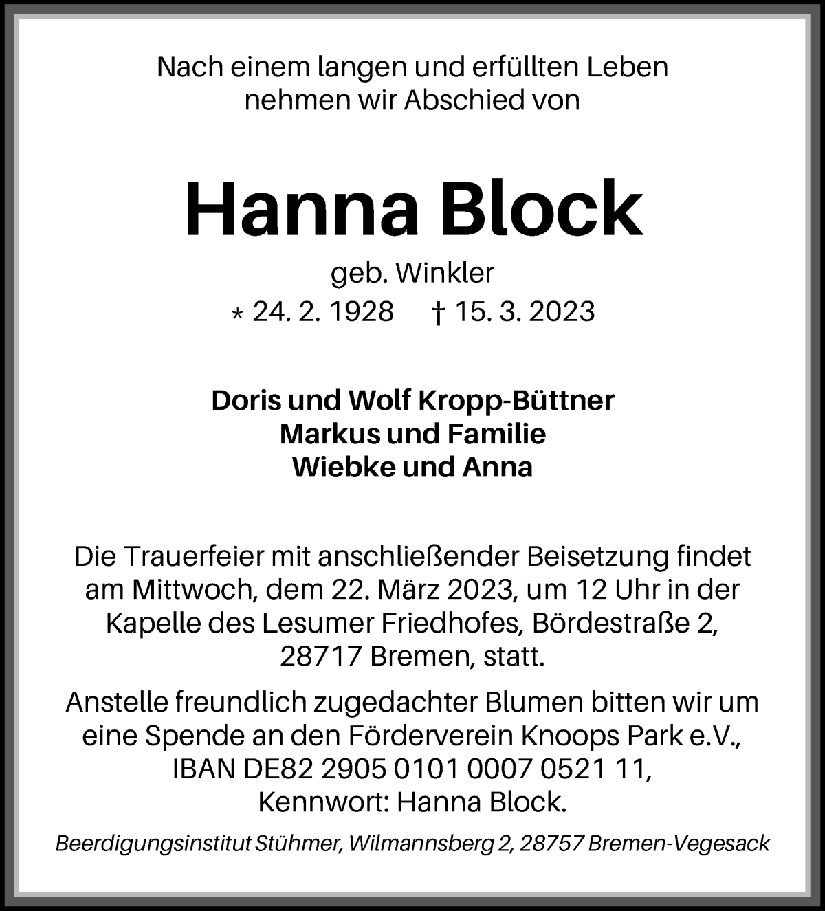  Traueranzeige für Hanna Block vom 18.03.2023 aus Die Norddeutsche