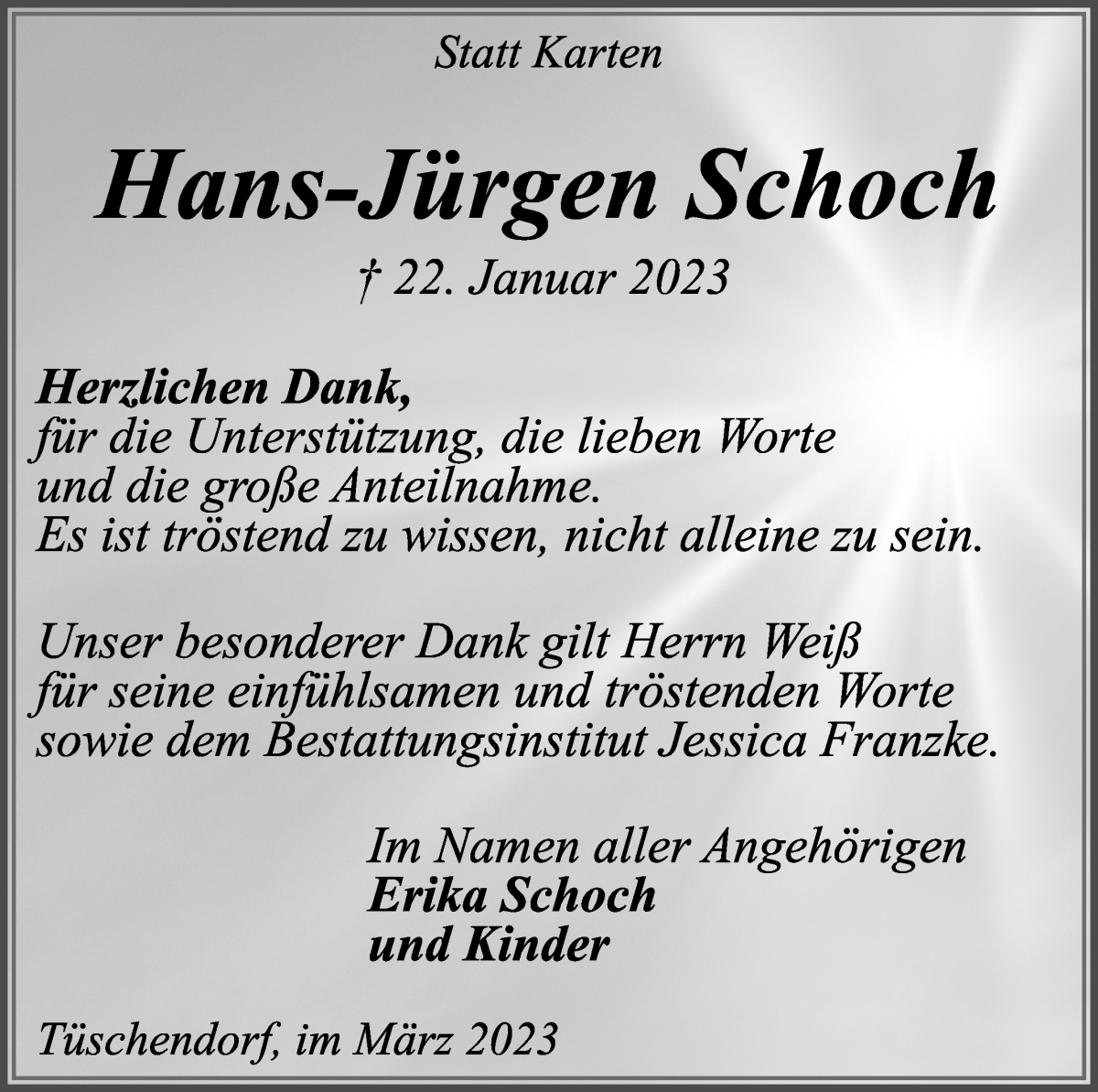  Traueranzeige für Hans-Jürgen Schoch vom 18.03.2023 aus Wuemme Zeitung