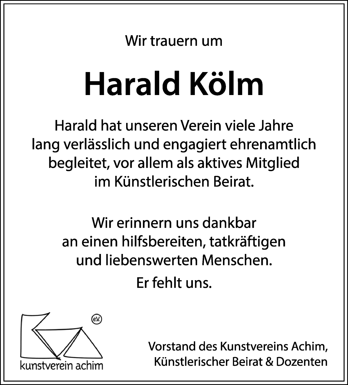 Traueranzeige von Harald Kölm von Achimer Kurier/Verdener Nachrichten