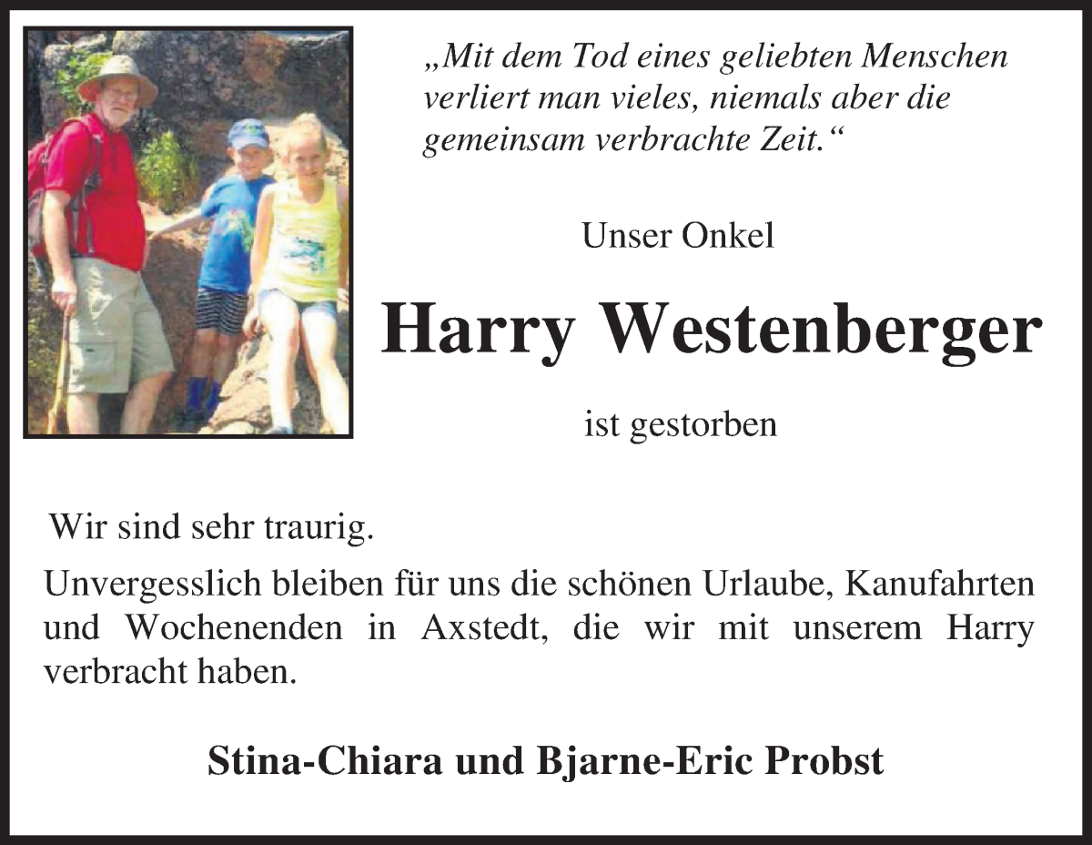  Traueranzeige für Harry Westenberger vom 30.03.2023 aus Osterholzer Kreisblatt