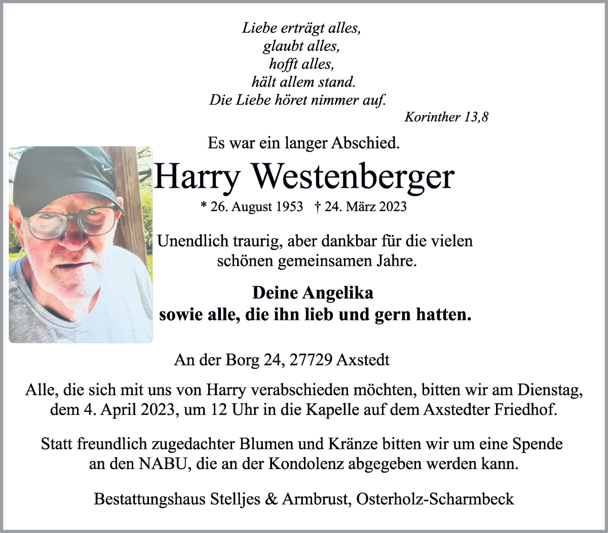  Traueranzeige für Harry Westenberger vom 29.03.2023 aus Osterholzer Kreisblatt