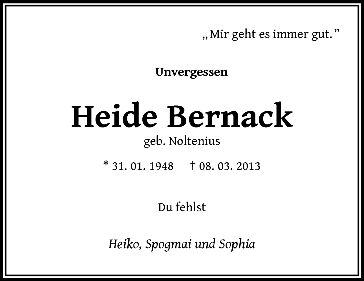 Traueranzeige von Heide Bernack von WESER-KURIER