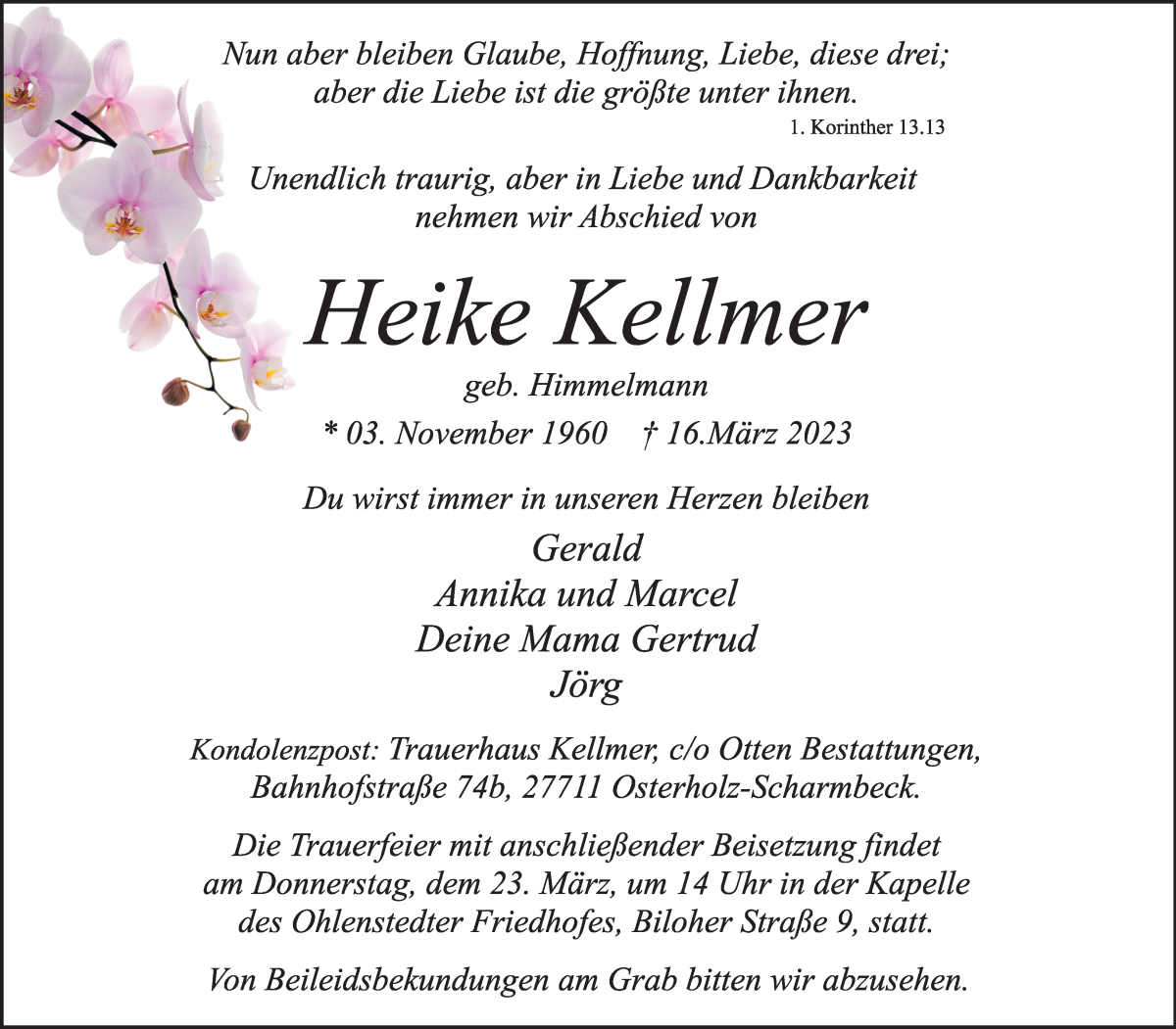 Traueranzeige von Heike Kellmer von Osterholzer Kreisblatt