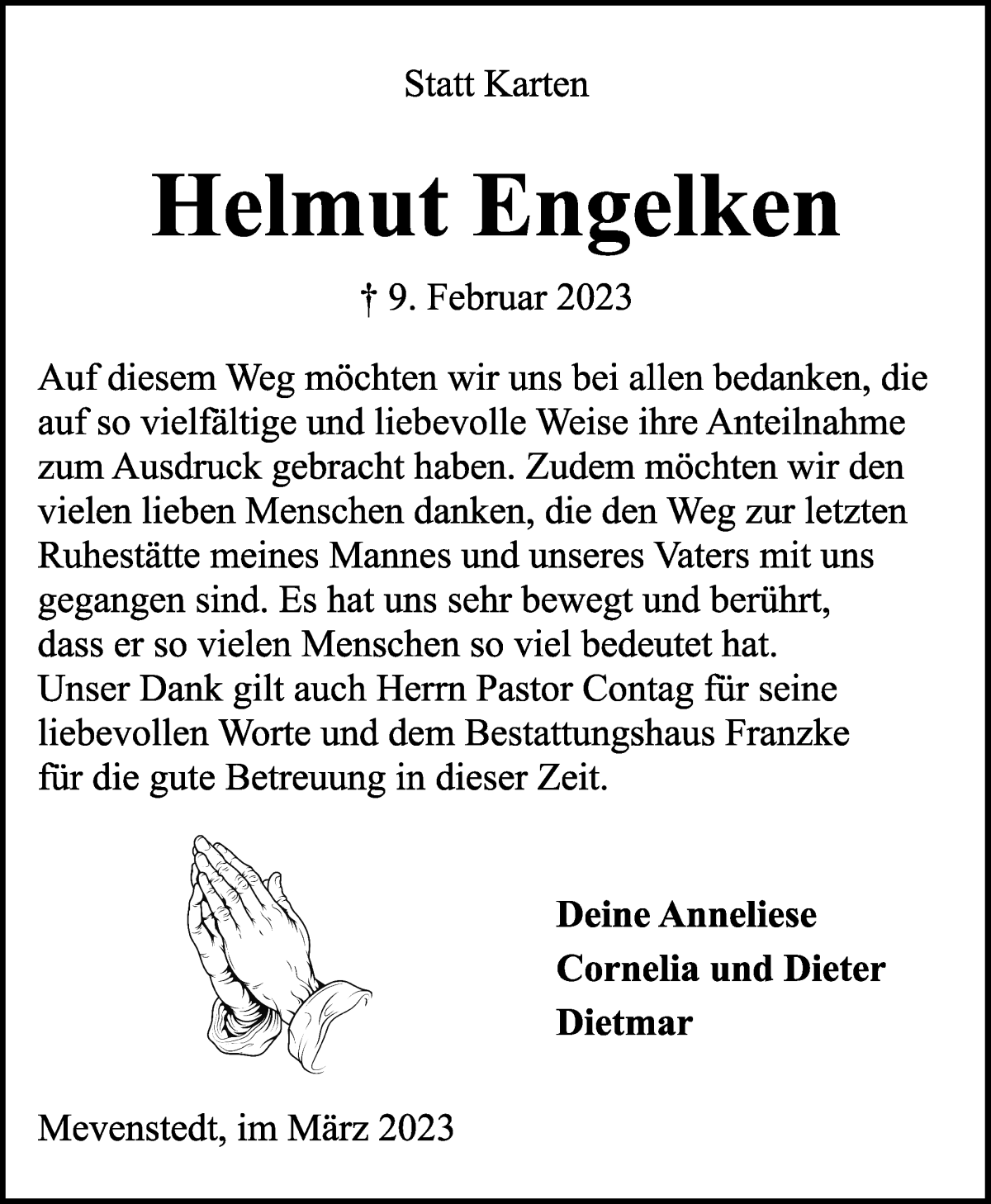 Traueranzeige von Helmut Engelken von Wuemme Zeitung