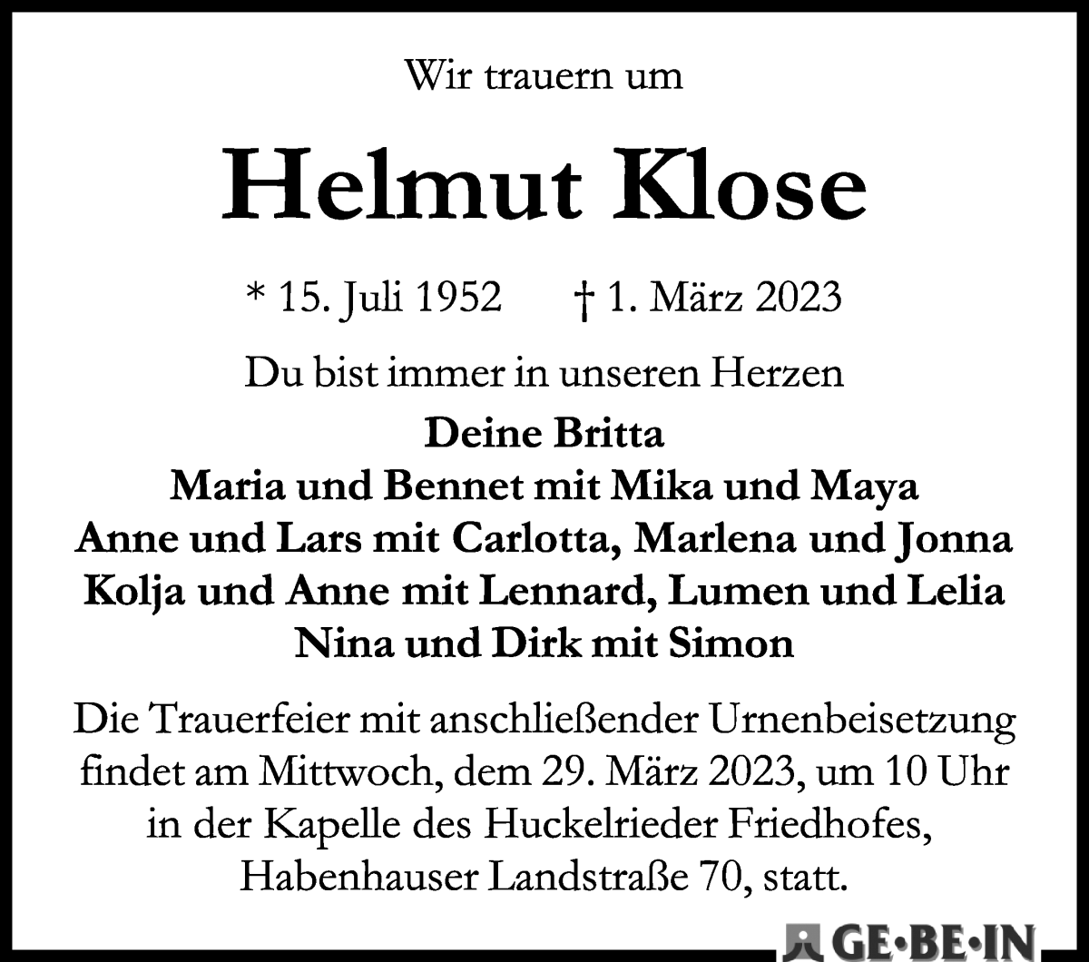  Traueranzeige für Helmut Klose vom 11.03.2023 aus WESER-KURIER