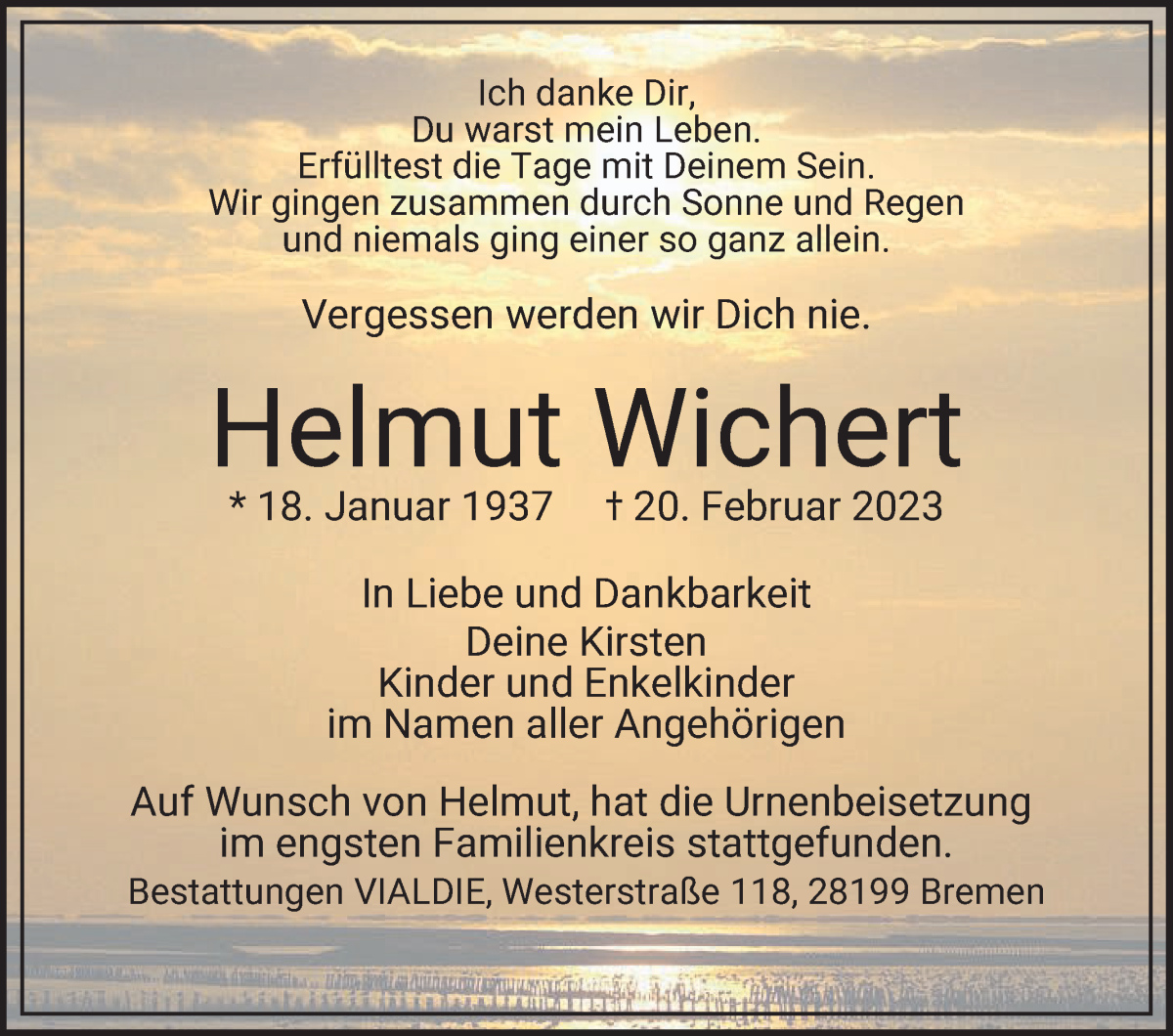  Traueranzeige für Helmut Wichert vom 18.03.2023 aus WESER-KURIER