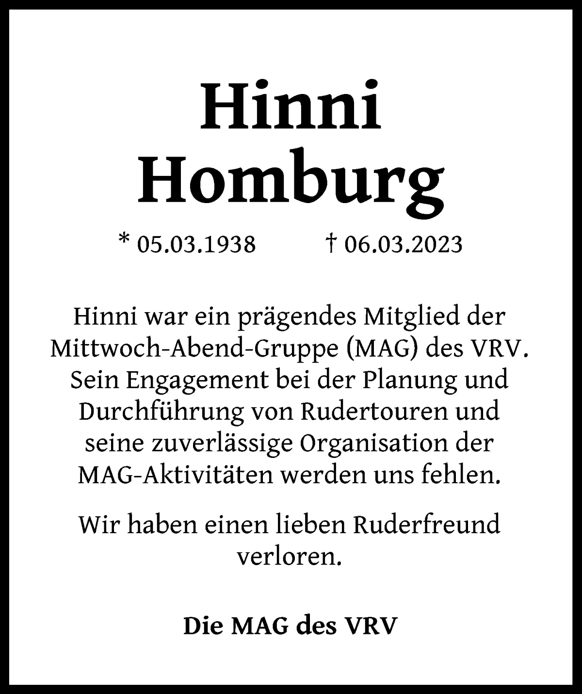  Traueranzeige für Hinrich Homburg vom 18.03.2023 aus Die Norddeutsche