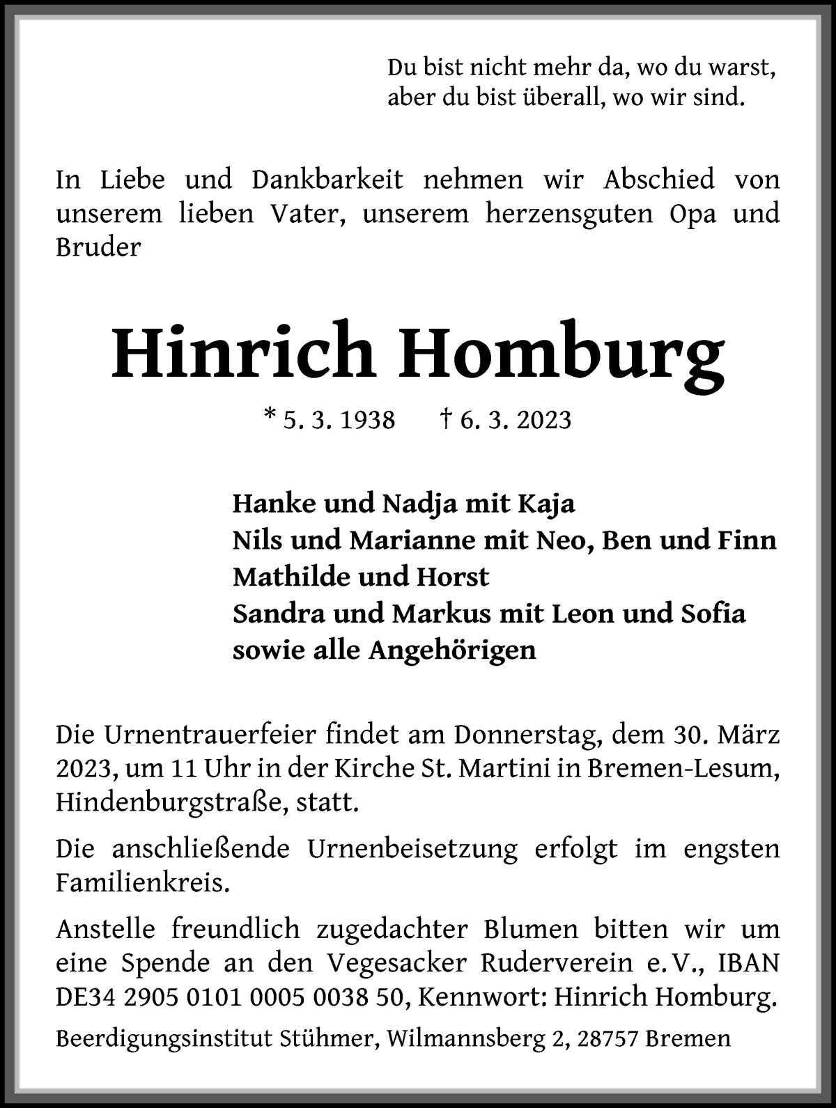  Traueranzeige für Hinrich Homburg vom 18.03.2023 aus WESER-KURIER