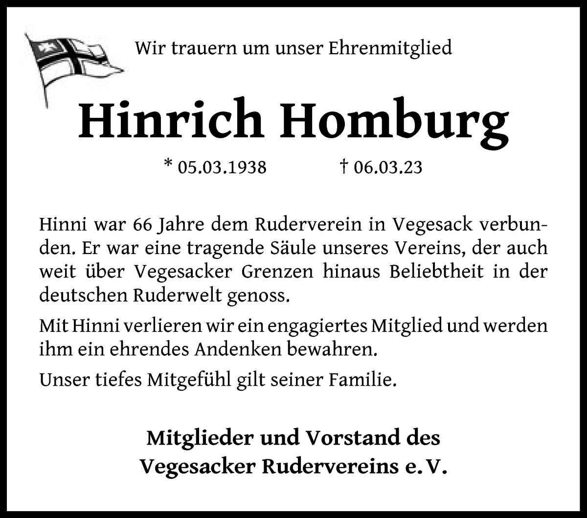  Traueranzeige für Hinrich Homburg vom 18.03.2023 aus Die Norddeutsche