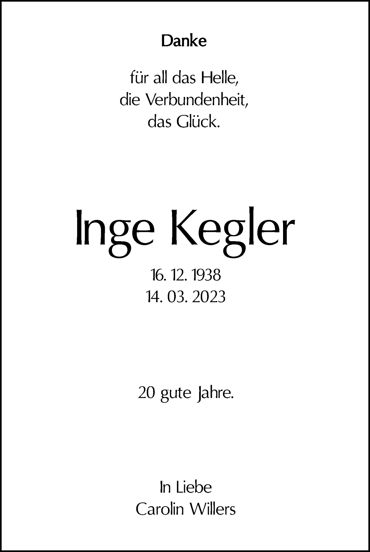 Traueranzeige von Inge Kegler von WESER-KURIER