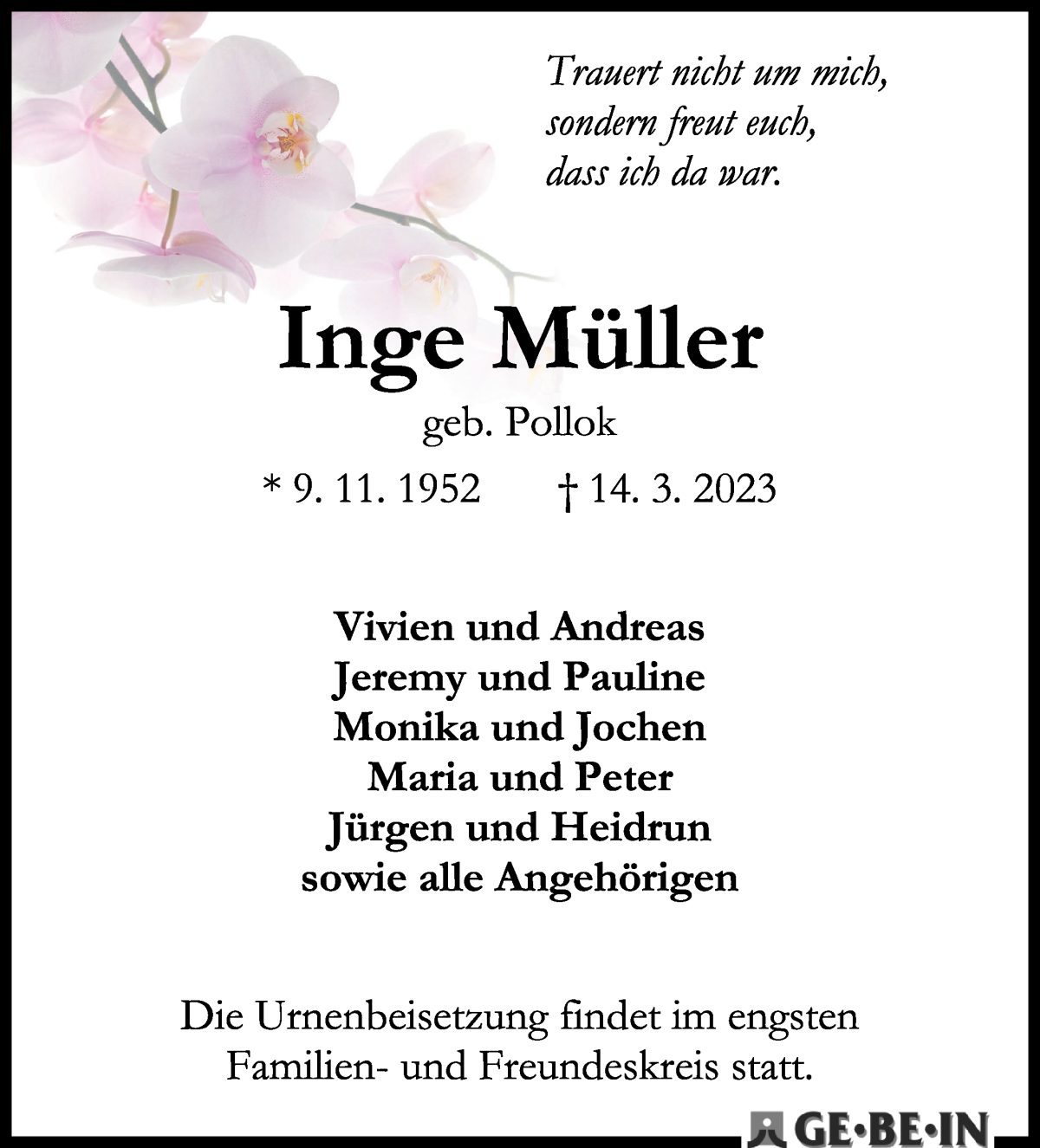  Traueranzeige für Inge Müller vom 18.03.2023 aus WESER-KURIER