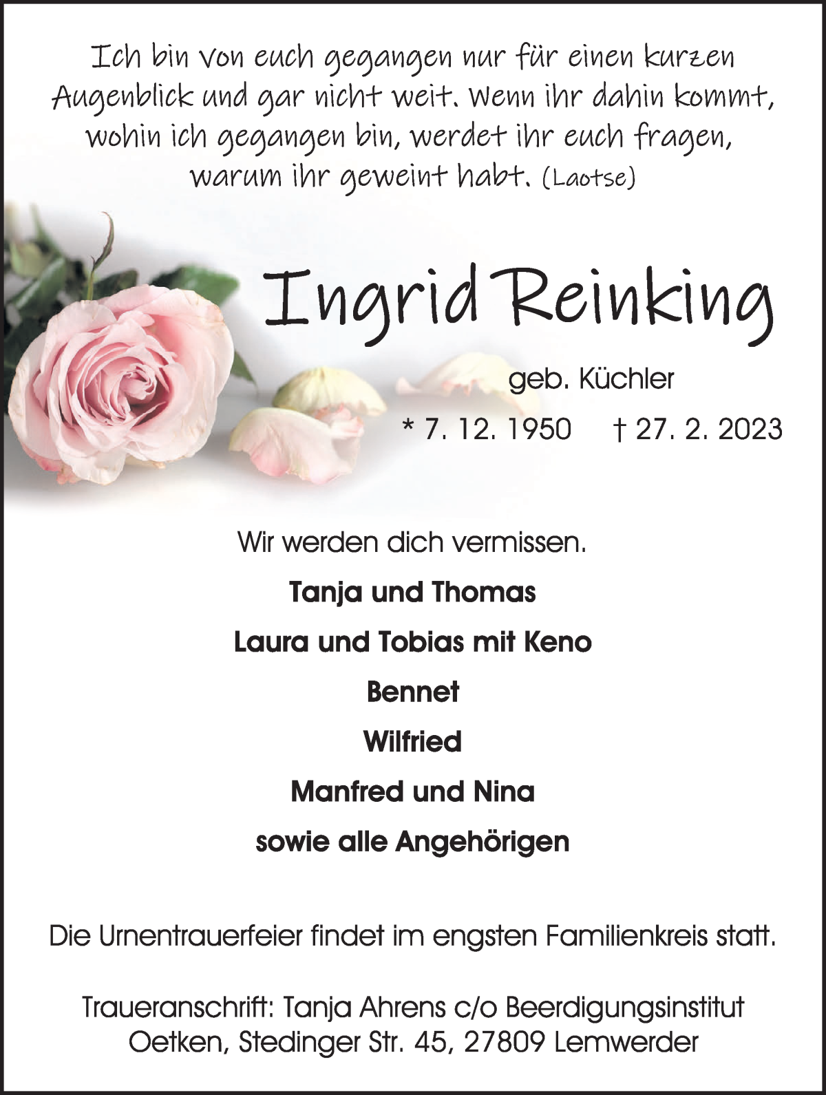  Traueranzeige für Ingrid Reinking vom 04.03.2023 aus Die Norddeutsche